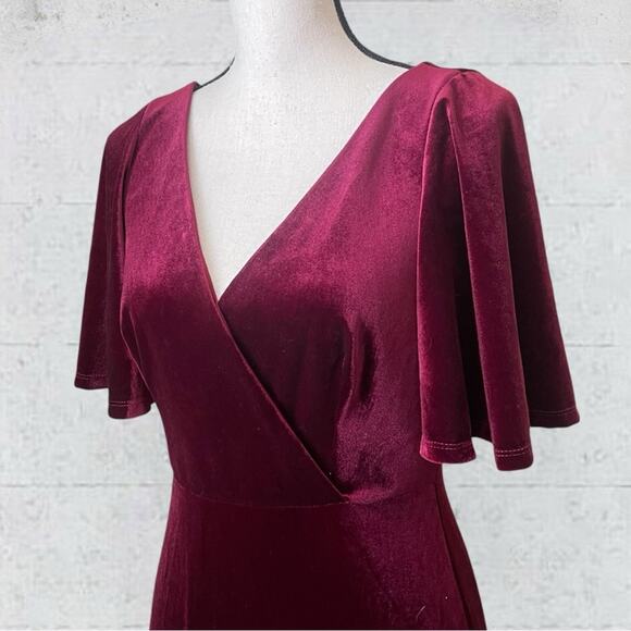 Ever Pretty V Neck Velvet Maxi Dress Flutter Sleeves Burgundy Bridesmaid Size M - Picture 6 of 14